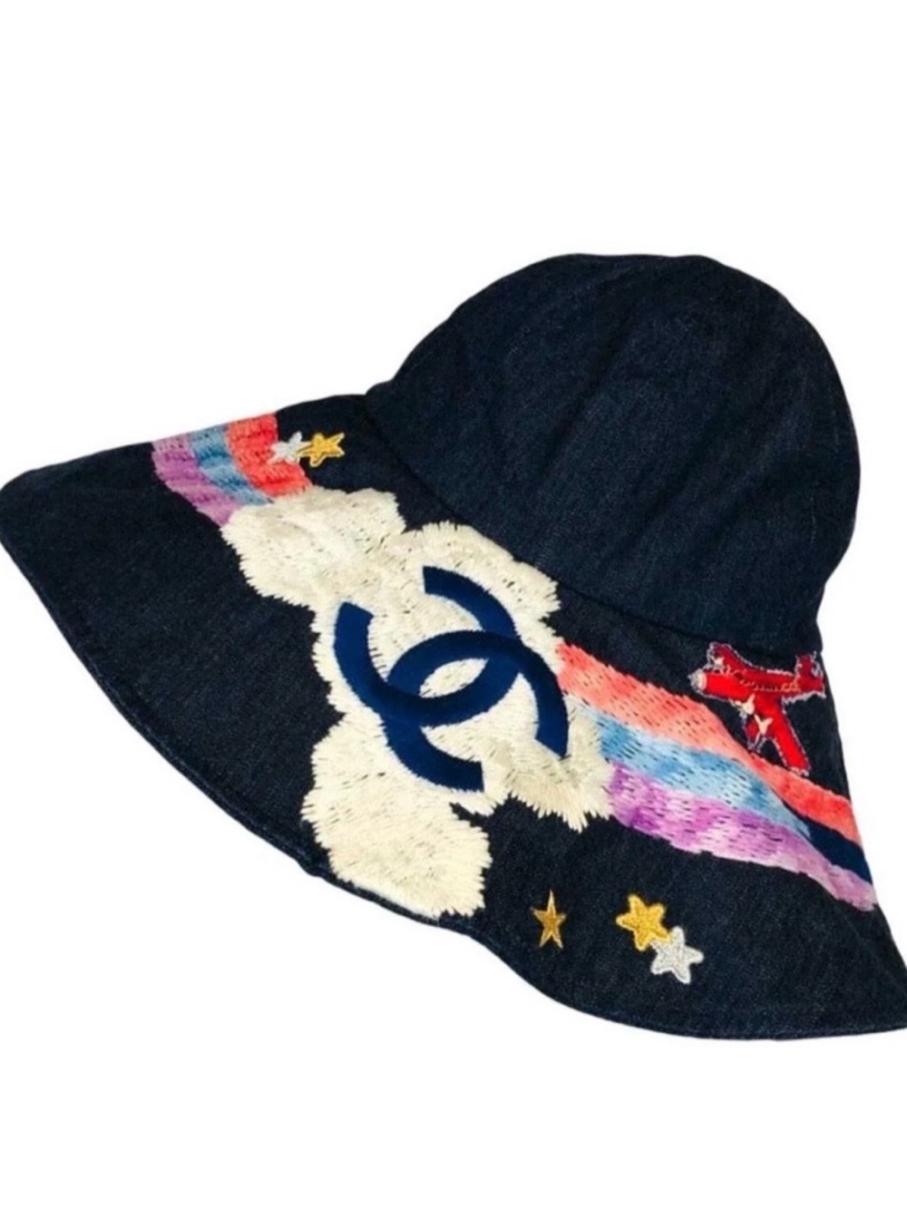 Black Denim Embroidered Letter C Night Flight Fashion Hat Airplane Stars